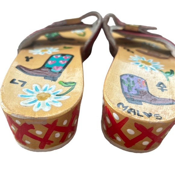 VTG Dr Scholls Hand Painted Floral Western Cowboy Boot EUC Wood Sandals Clogs 8 - Picture 5 of 16
